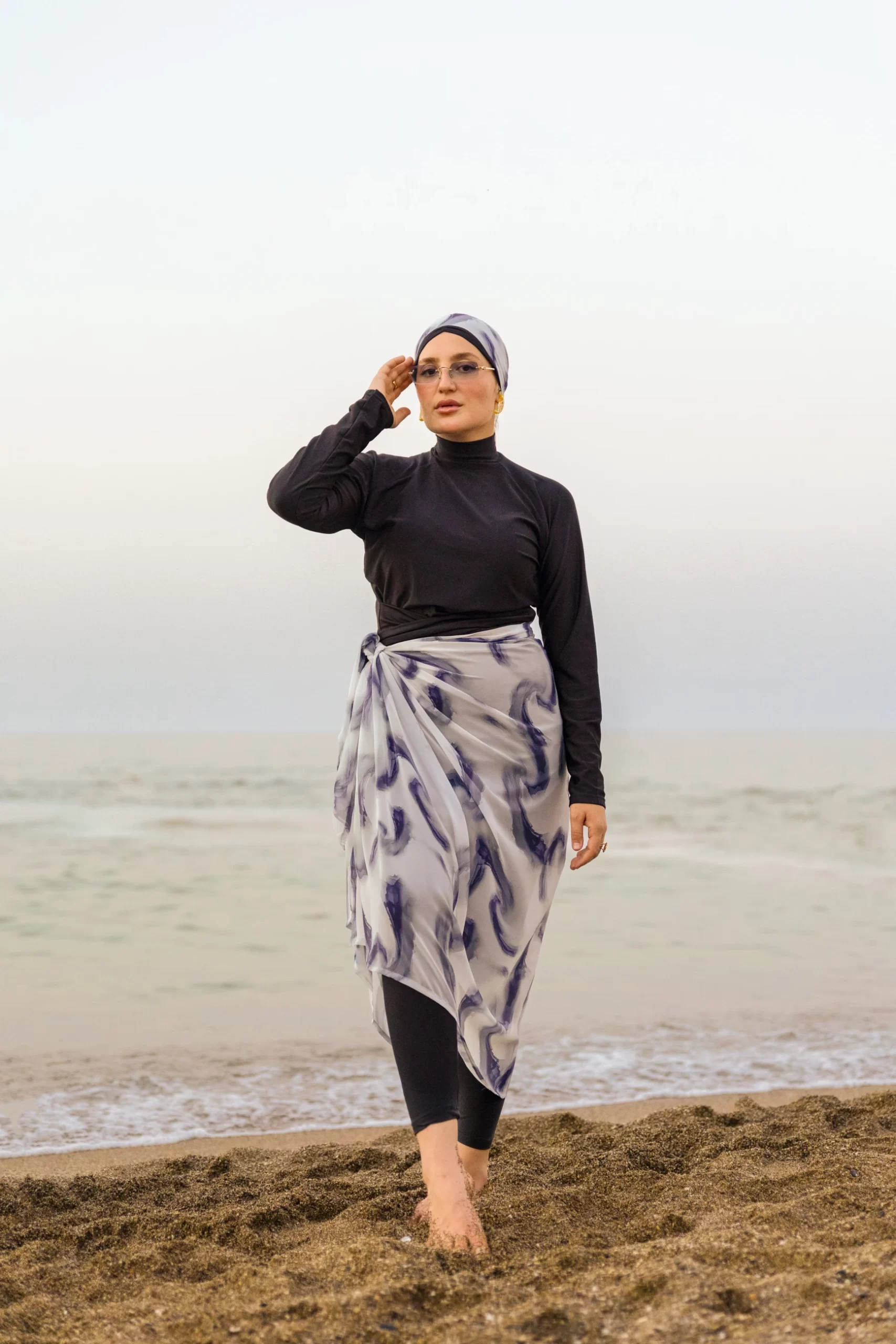Burkini AR Noir motif vagues Mauve