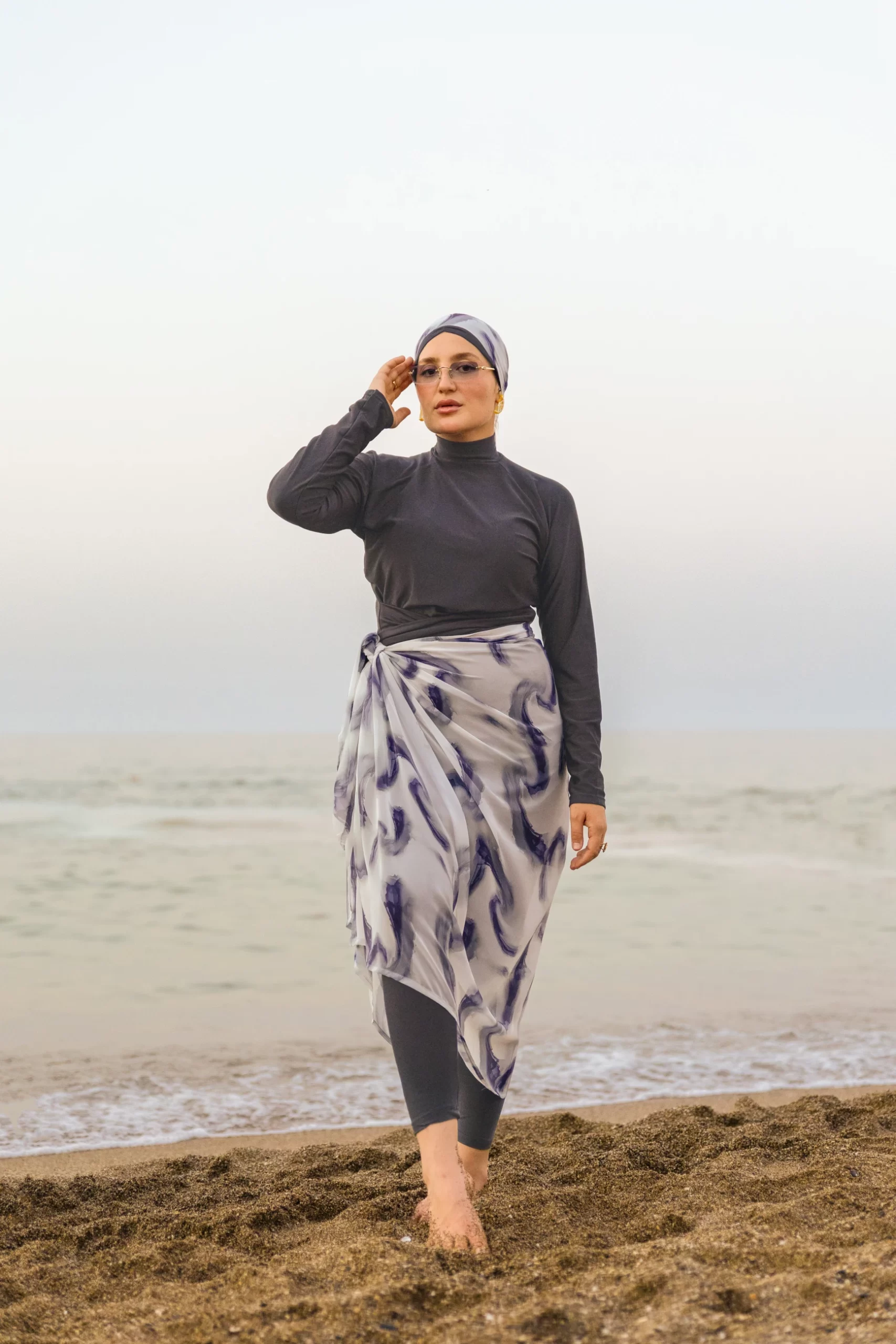 Burkini AR Gris motif vagues Mauve