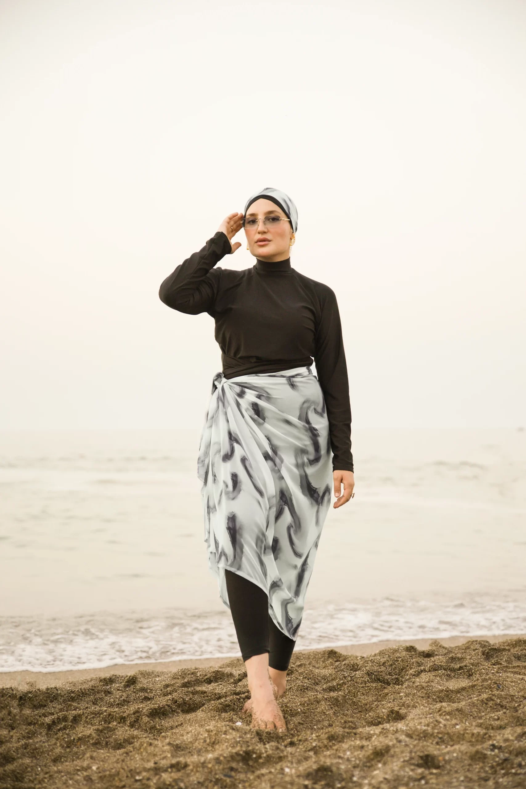 Burkini AR Noir motif vagues gris